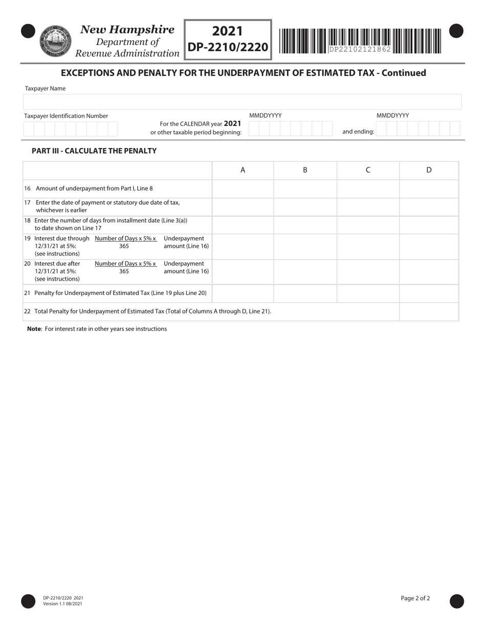 Form DP-2210 / 2220 Exceptions and Penalty for the Underpayment of Estimated Tax - New Hampshire, Page 2