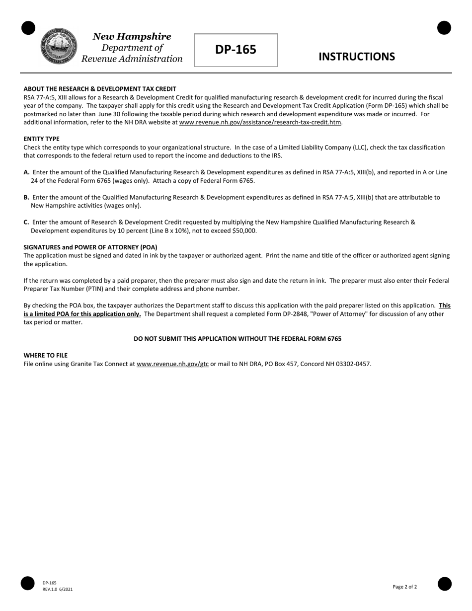 Form DP-165 Research  Development Tax Credit Application - New Hampshire, Page 2
