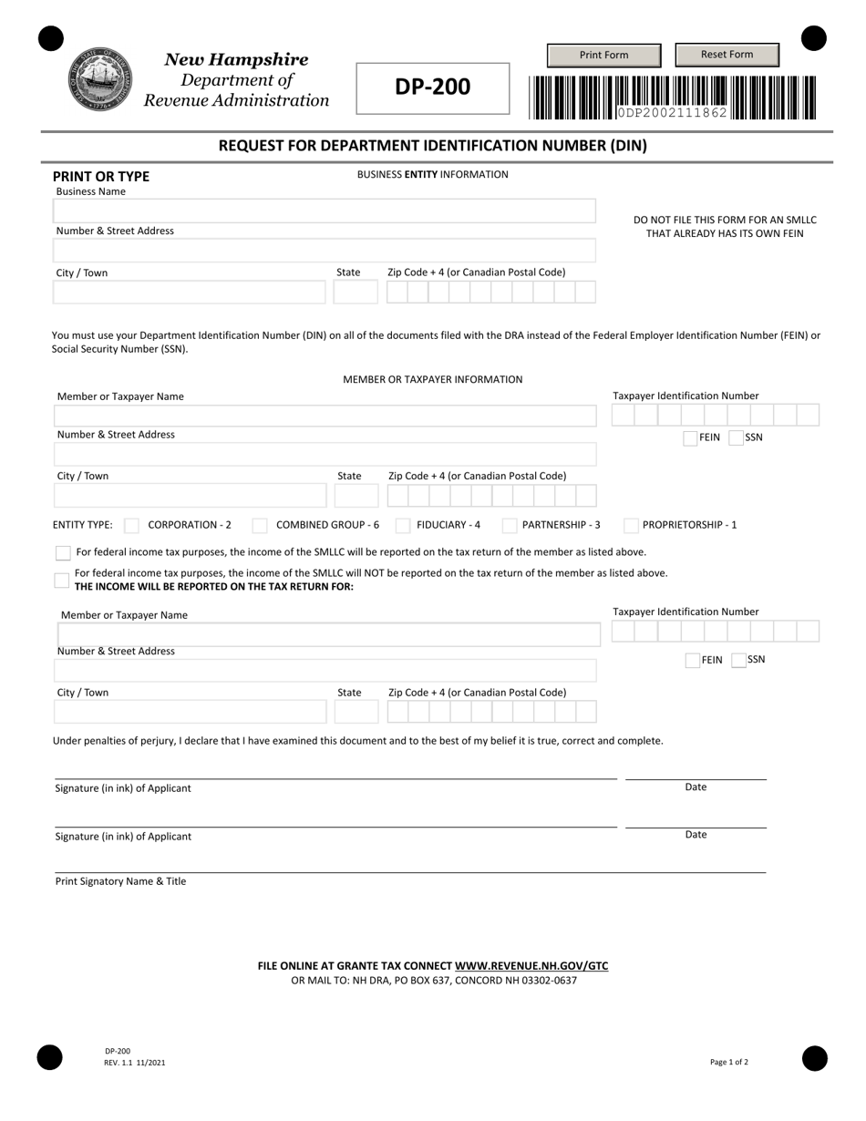 Form DP-200 Request for Department Identification Number (Din) - New Hampshire, Page 1