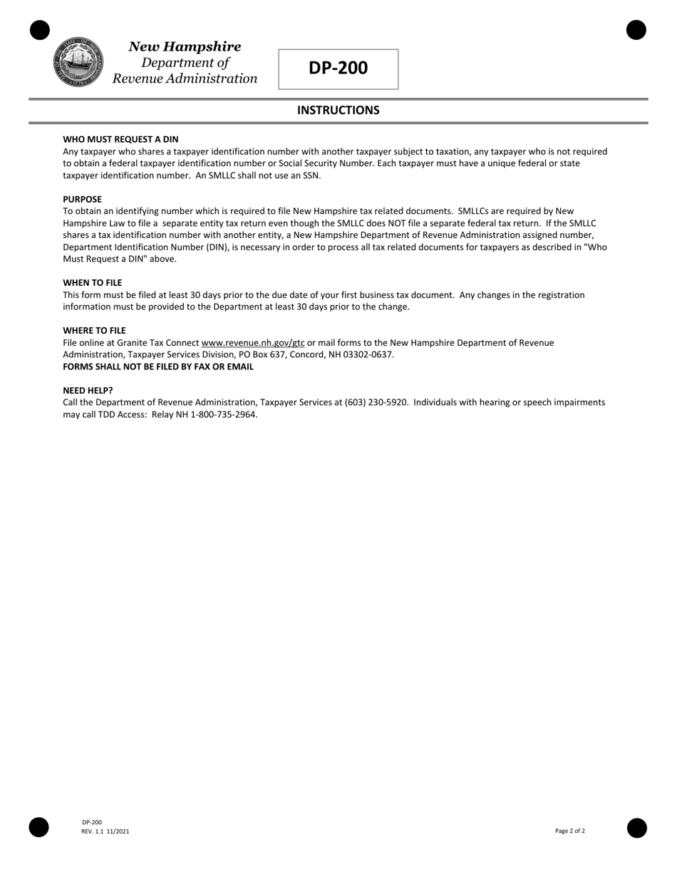Form DP-200 Request for Department Identification Number (Din) - New Hampshire, Page 2