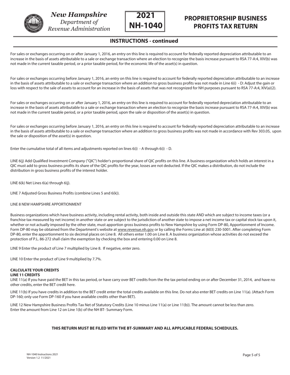Instructions for Form NH-1040 Proprietorship Business Profits Tax Return - New Hampshire, Page 5