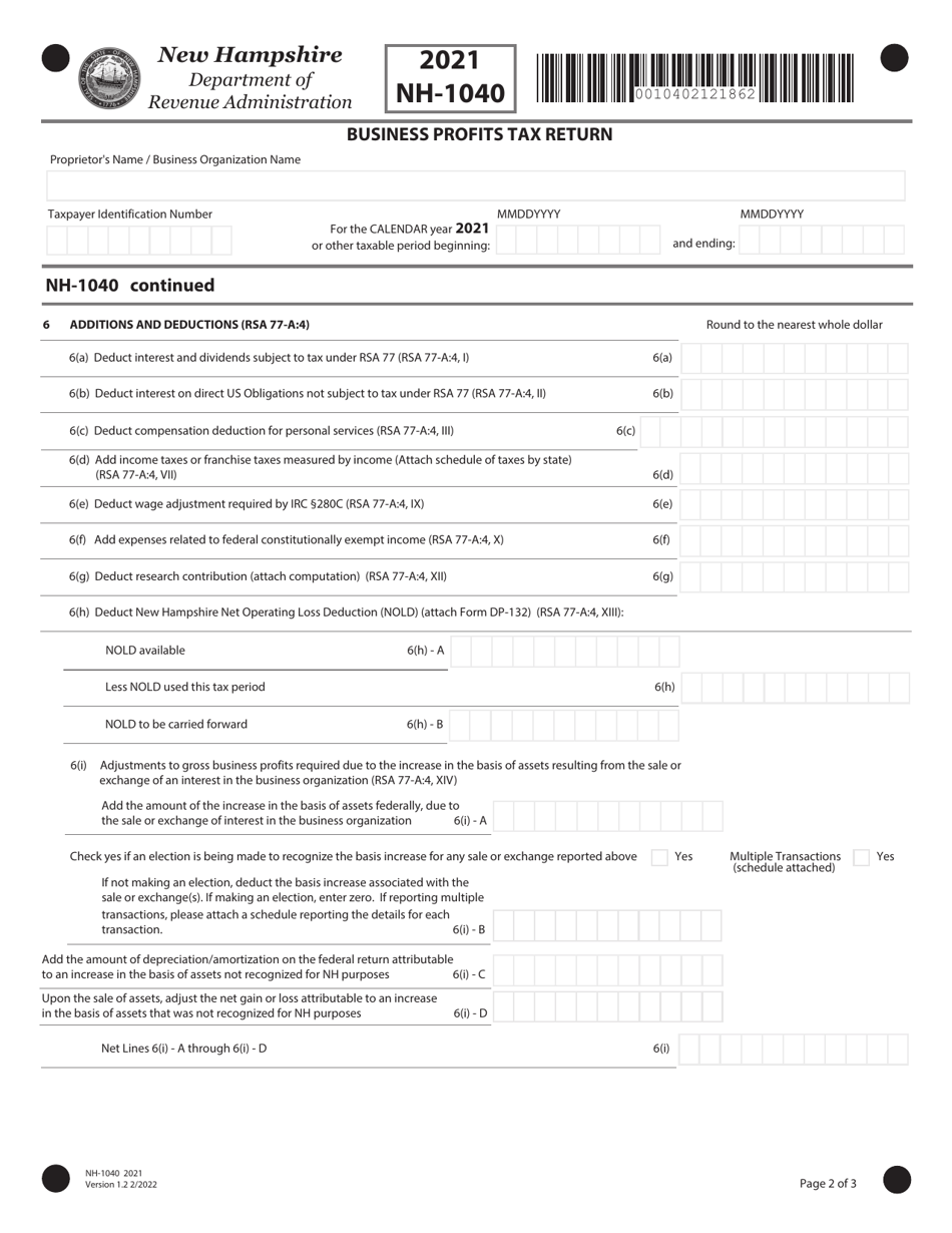 Form NH-1040 Proprietorship Business Profits Tax Return - New Hampshire, Page 2
