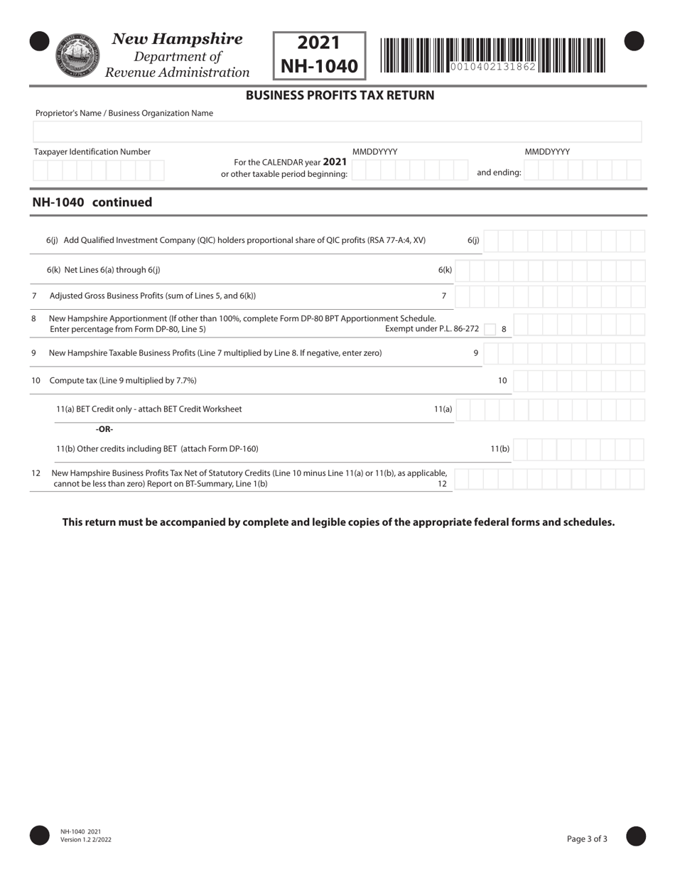 Form NH-1040 Proprietorship Business Profits Tax Return - New Hampshire, Page 3