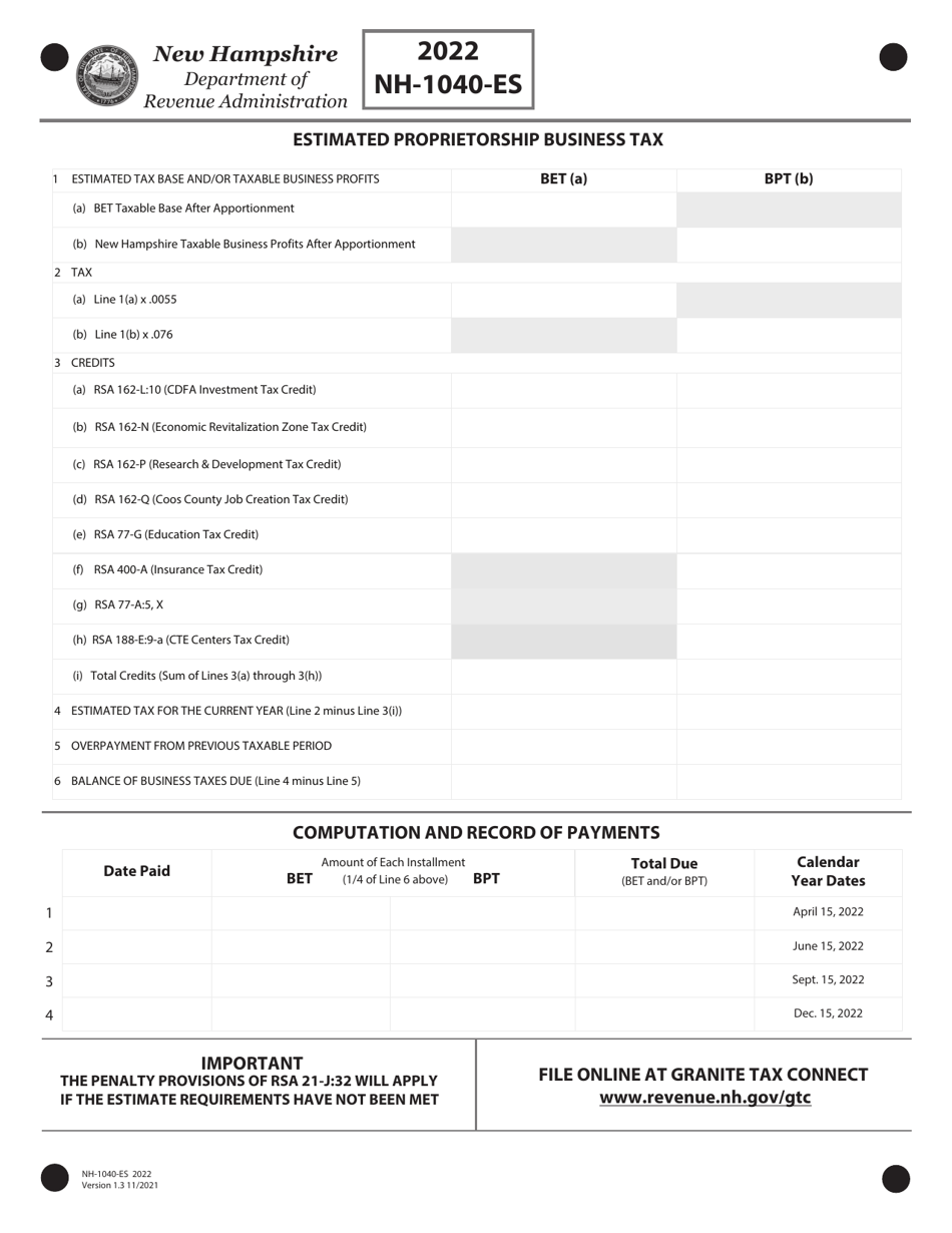 Form NH1040ES 2022 Fill Out, Sign Online and Download Fillable PDF, New Hampshire