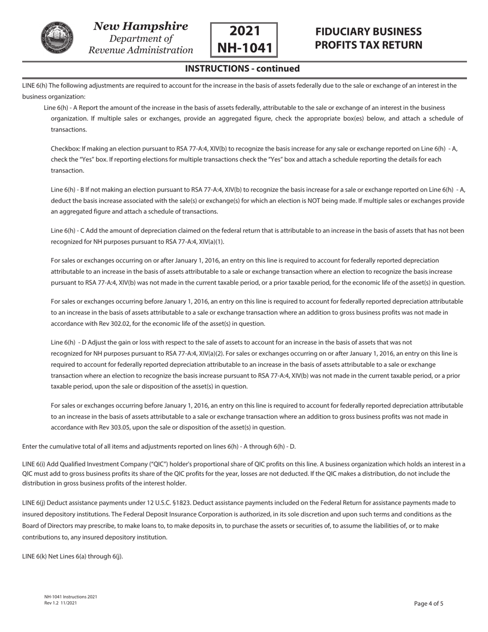 Instructions for Form NH-1041 Fiduciary Business Profits Tax Return - New Hampshire, Page 4