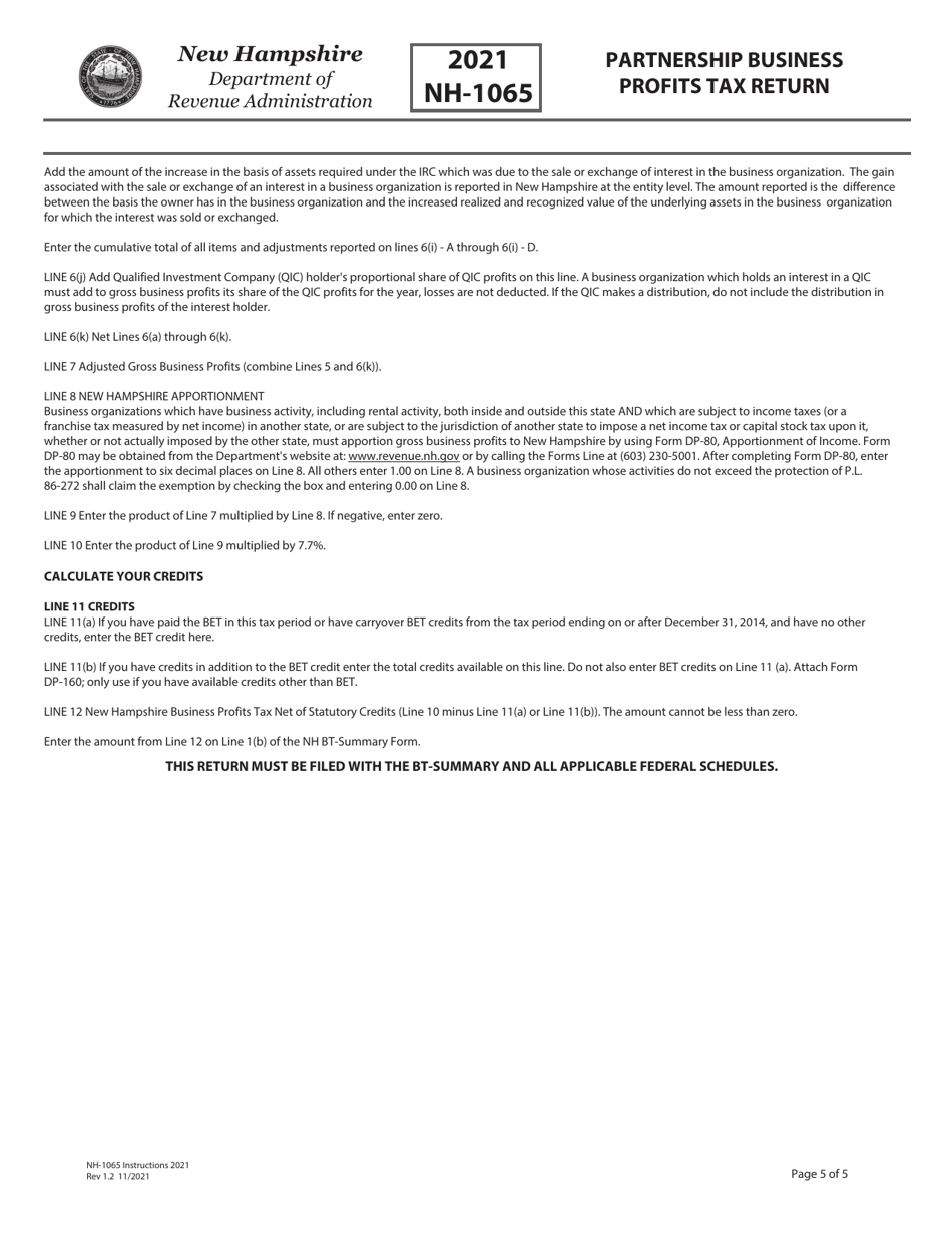 Instructions for Form NH-1065 Partnership Business Profits Tax Return - New Hampshire, Page 5
