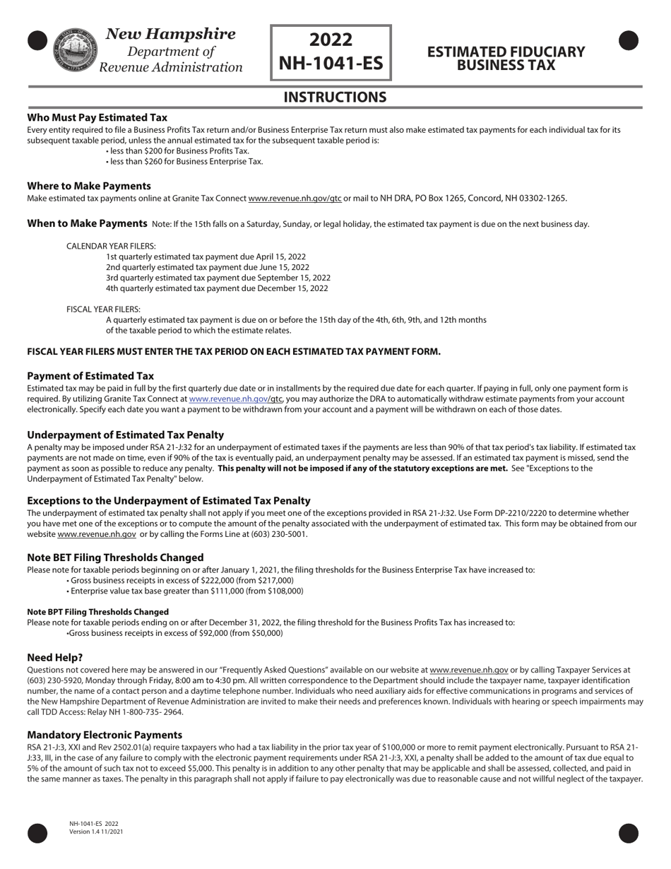 Form NH-1041-ES Estimated Fiduciary Business Tax - New Hampshire, Page 4