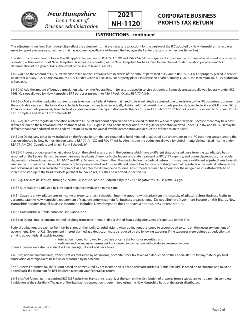 Instructions for Form NH-1120 Corporate Business Profits Tax Return - New Hampshire, Page 2