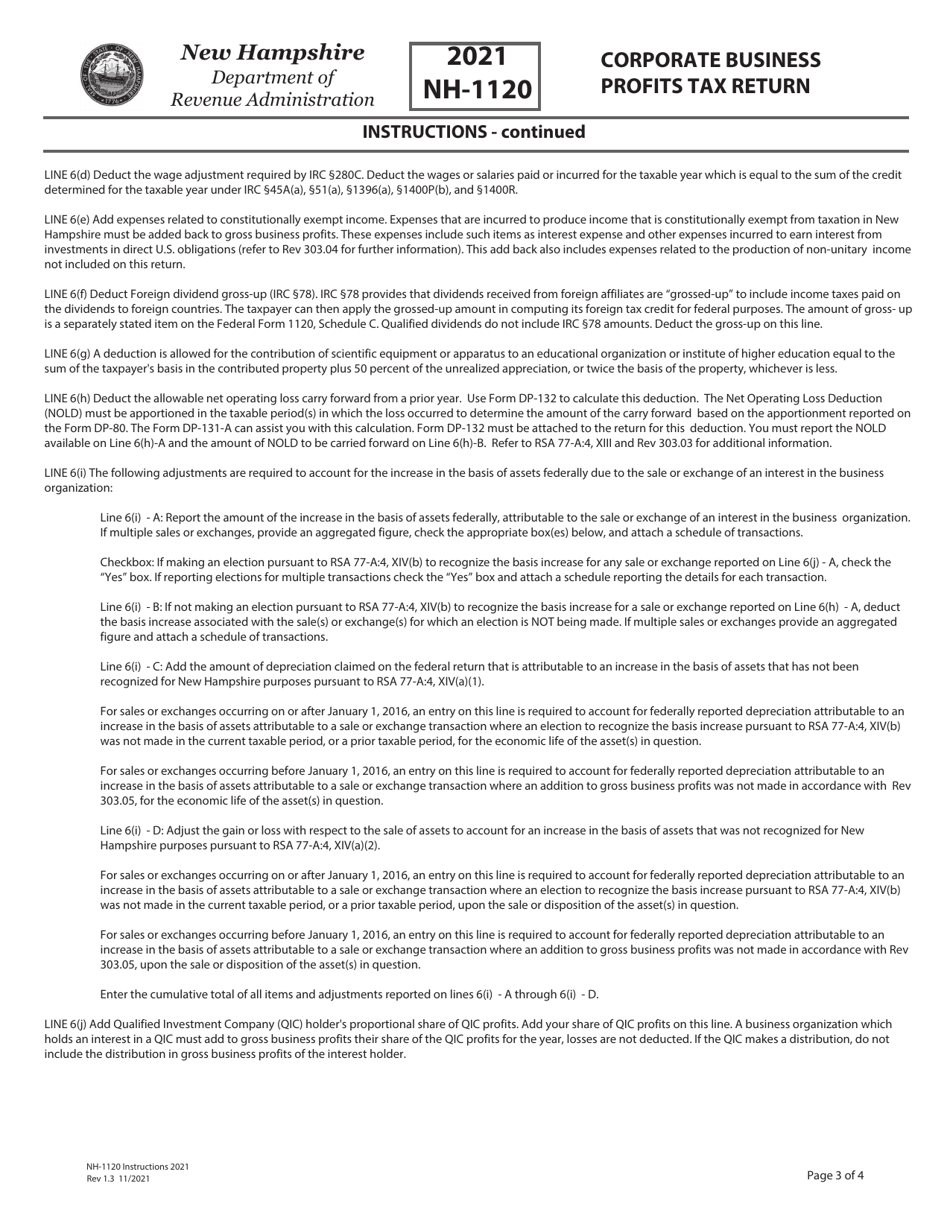 Instructions for Form NH-1120 Corporate Business Profits Tax Return - New Hampshire, Page 3
