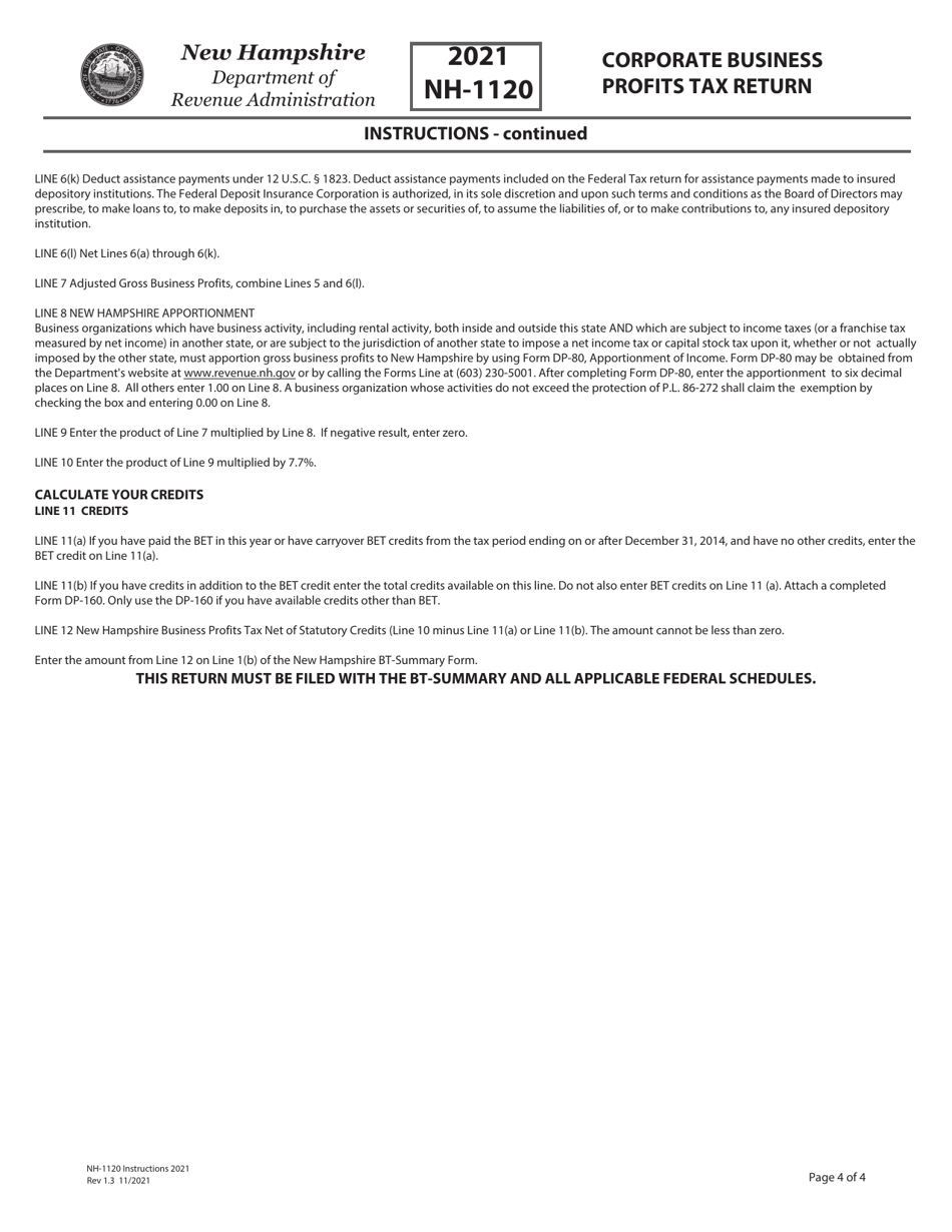 Instructions for Form NH-1120 Corporate Business Profits Tax Return - New Hampshire, Page 4