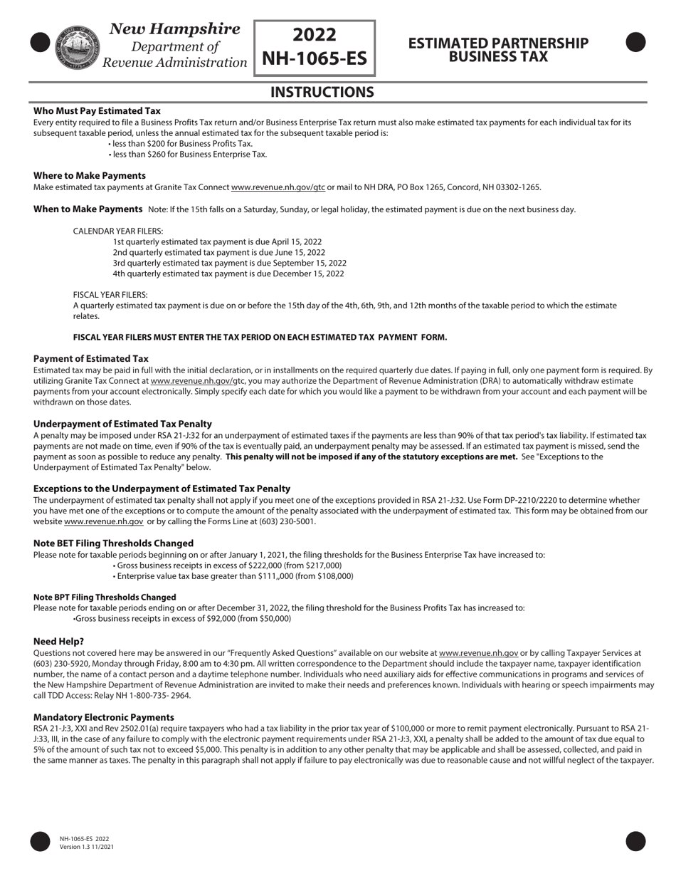 Form NH-1065-ES Estimated Partnership Business Tax - New Hampshire, Page 4