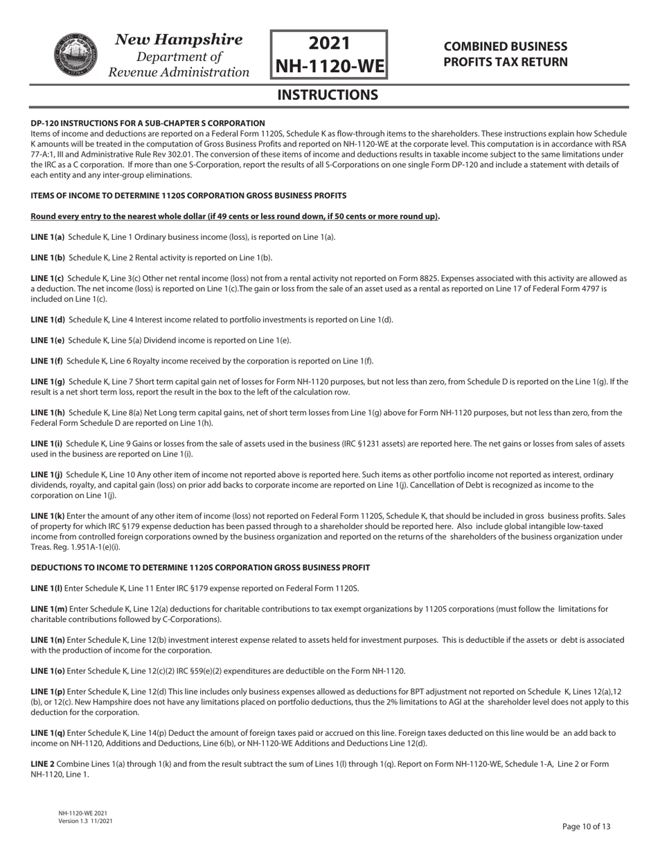 Instructions for Form NH-1120-WE Combined Business Profits Tax Return - New Hampshire, Page 10