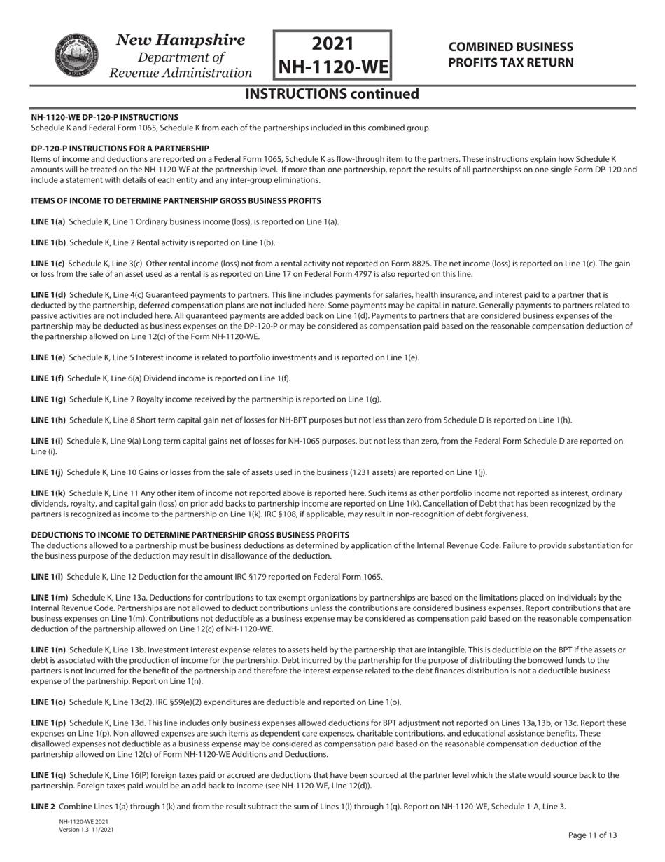 Instructions for Form NH-1120-WE Combined Business Profits Tax Return - New Hampshire, Page 11