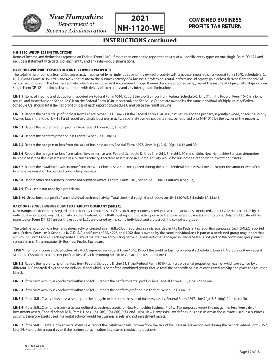 Instructions for Form NH-1120-WE Combined Business Profits Tax Return - New Hampshire, Page 12