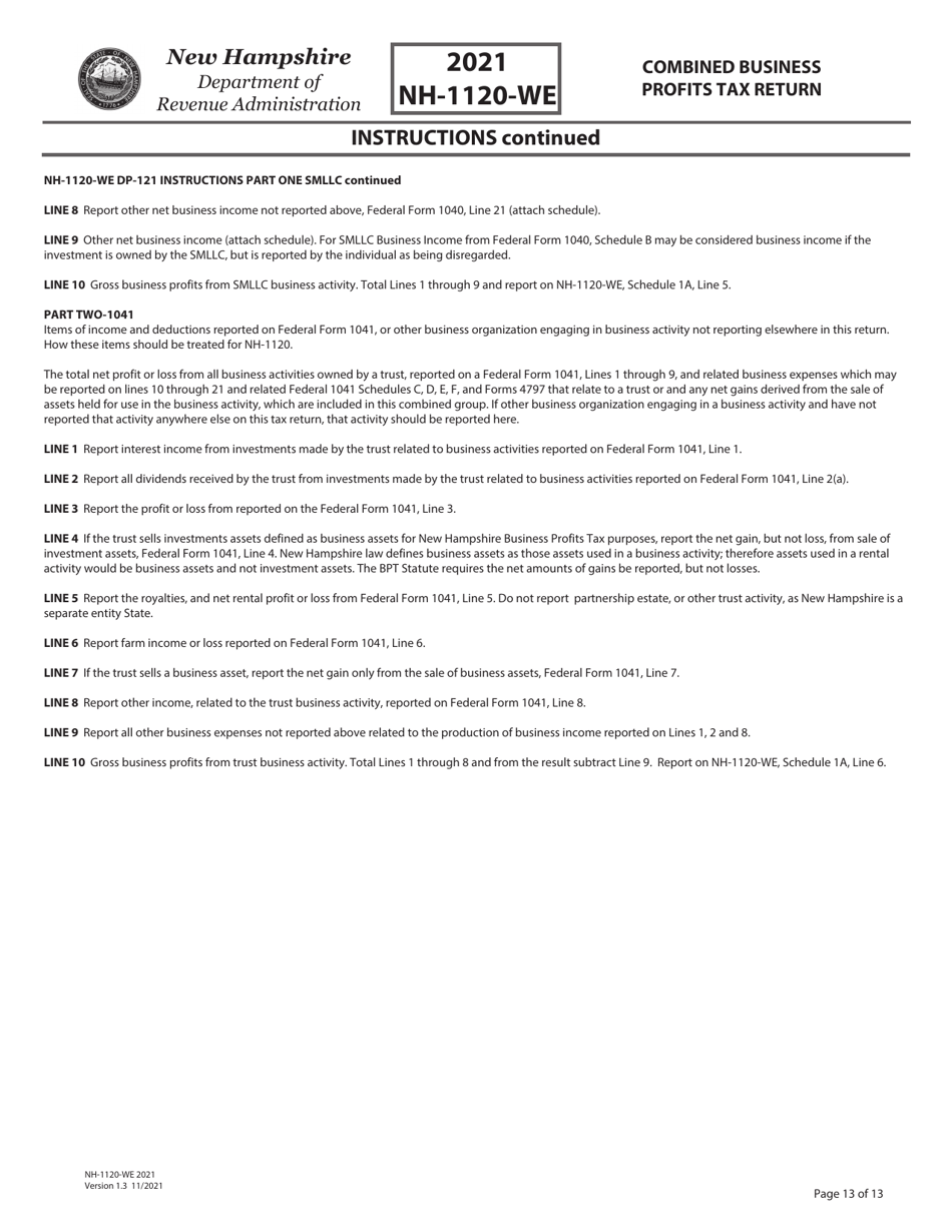 Instructions for Form NH-1120-WE Combined Business Profits Tax Return - New Hampshire, Page 13