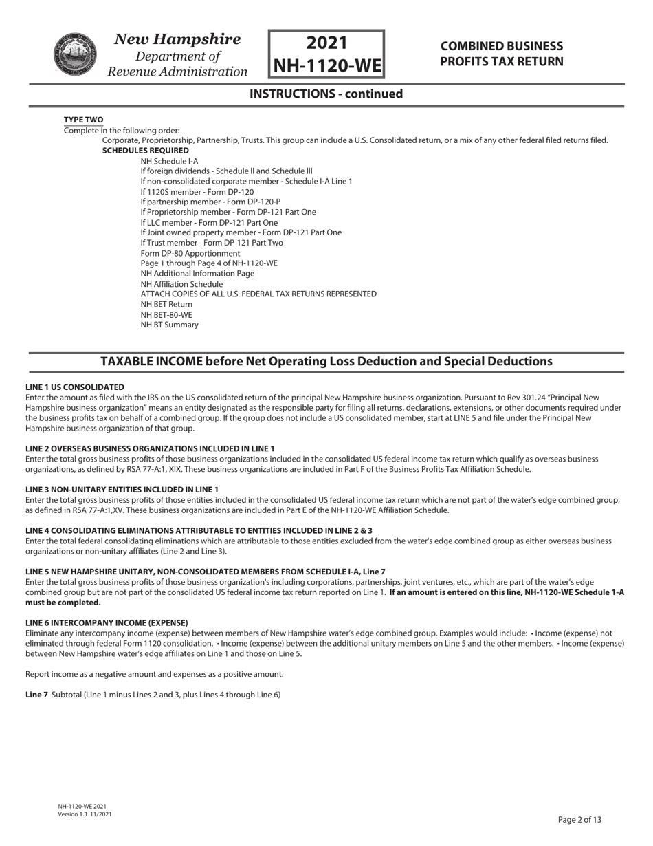 Instructions for Form NH-1120-WE Combined Business Profits Tax Return - New Hampshire, Page 2