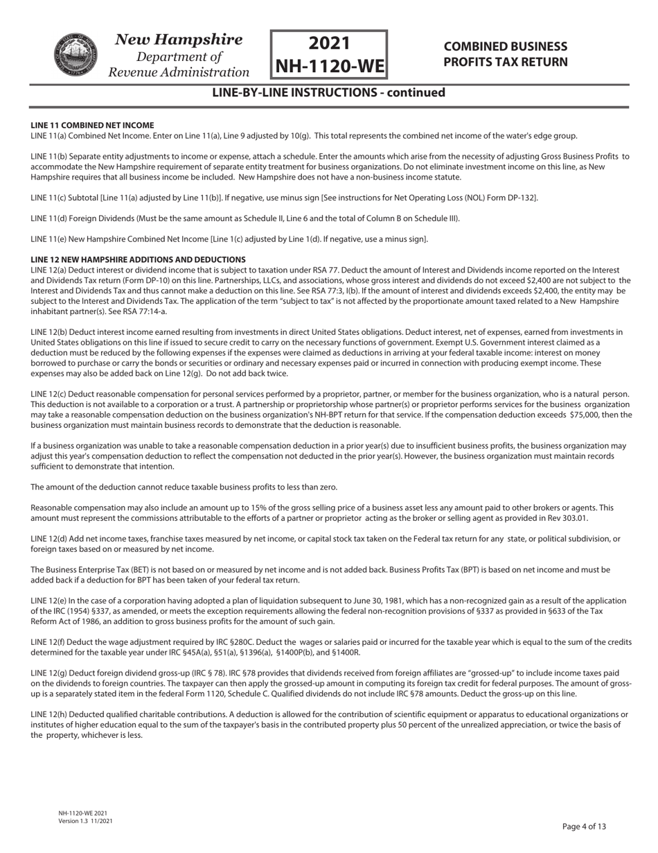 Instructions for Form NH-1120-WE Combined Business Profits Tax Return - New Hampshire, Page 4