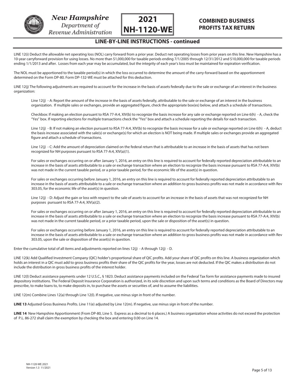 Instructions for Form NH-1120-WE Combined Business Profits Tax Return - New Hampshire, Page 5