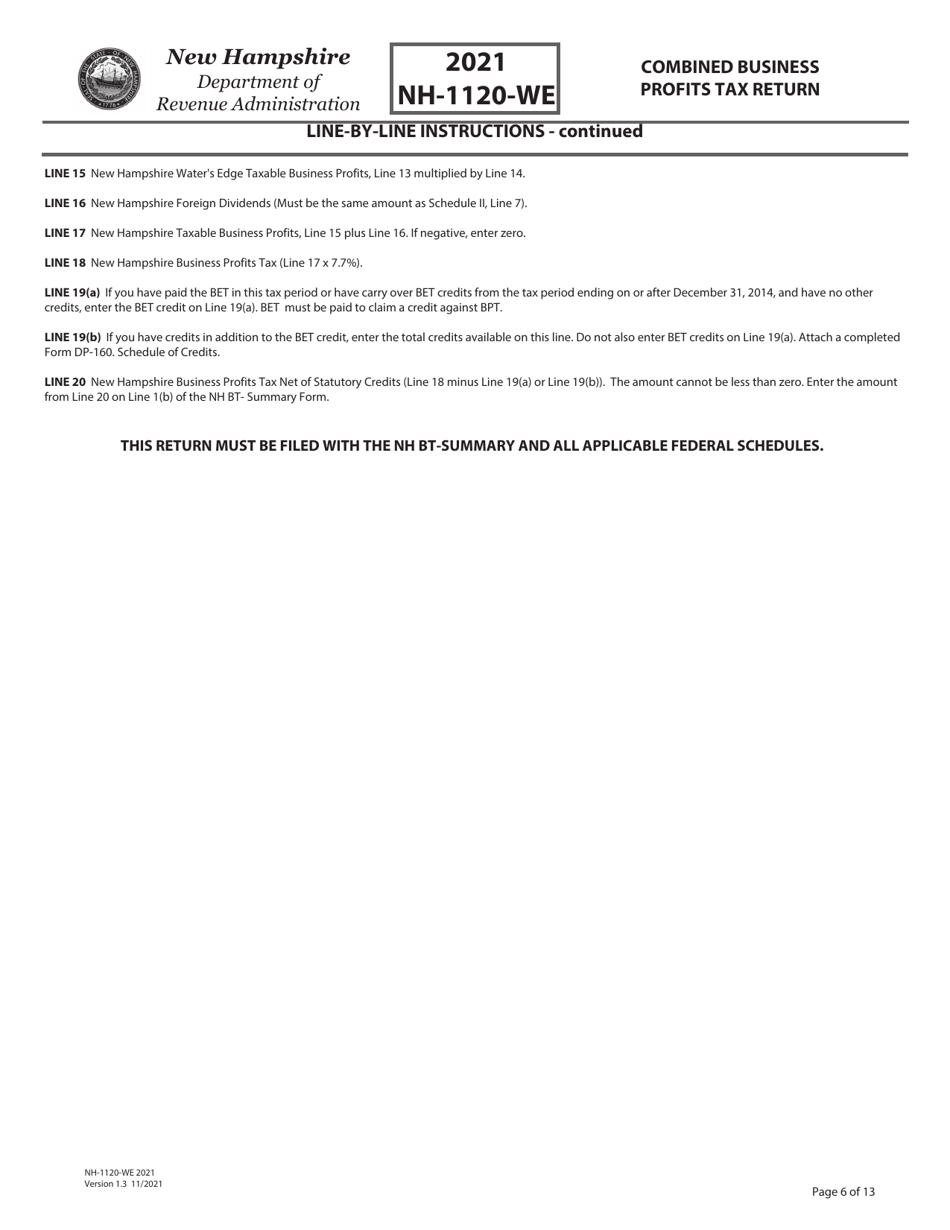 Instructions for Form NH-1120-WE Combined Business Profits Tax Return - New Hampshire, Page 6