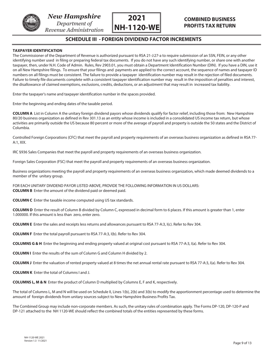 Instructions for Form NH-1120-WE Combined Business Profits Tax Return - New Hampshire, Page 9