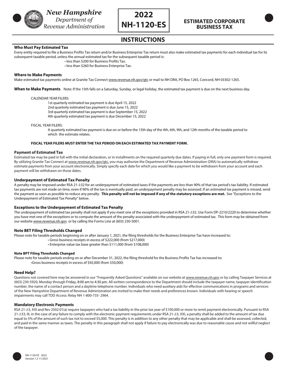 Form NH-1120-ES Estimated Corporate Business Tax - New Hampshire, Page 4