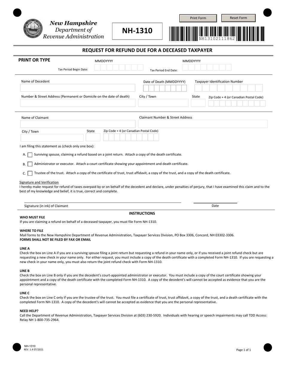 Form Nh 1310 Fill Out Sign Online And Download Fillable Pdf New Hampshire Templateroller 7405