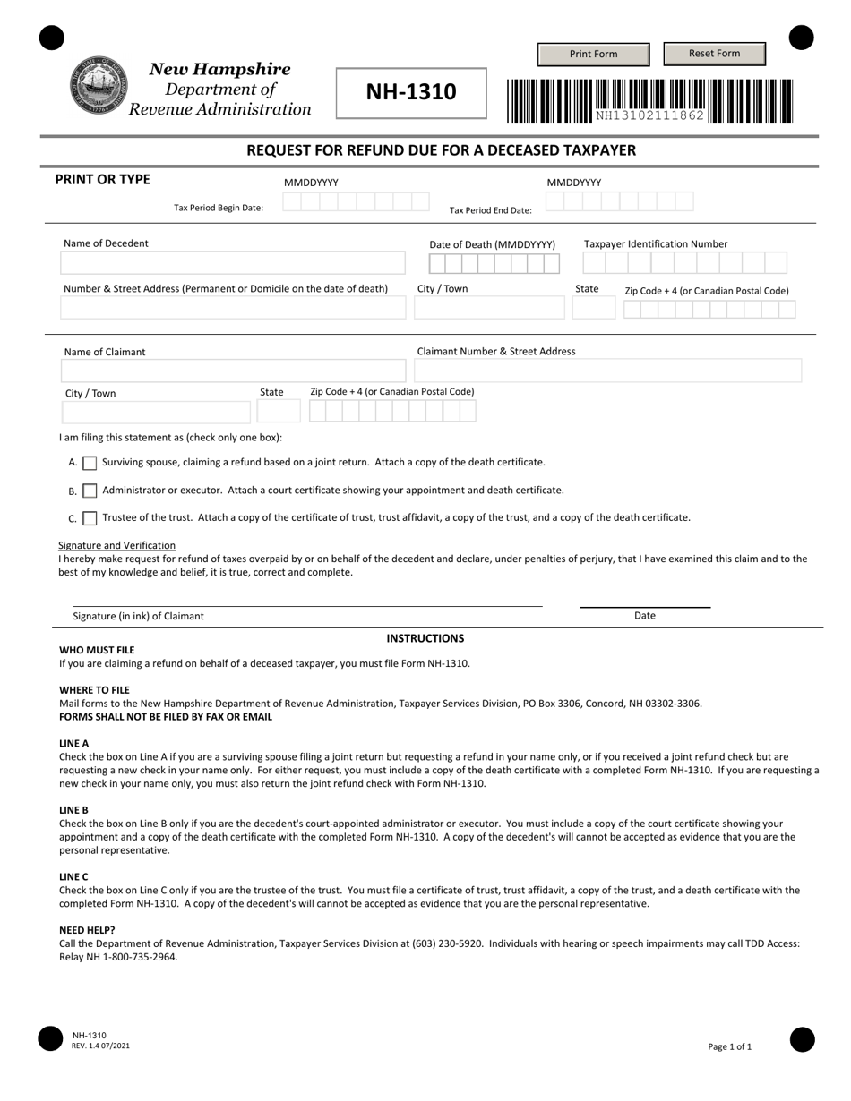 Form NH-1310 Request for Refund Due for a Deceased Taxpayer - New Hampshire, Page 1