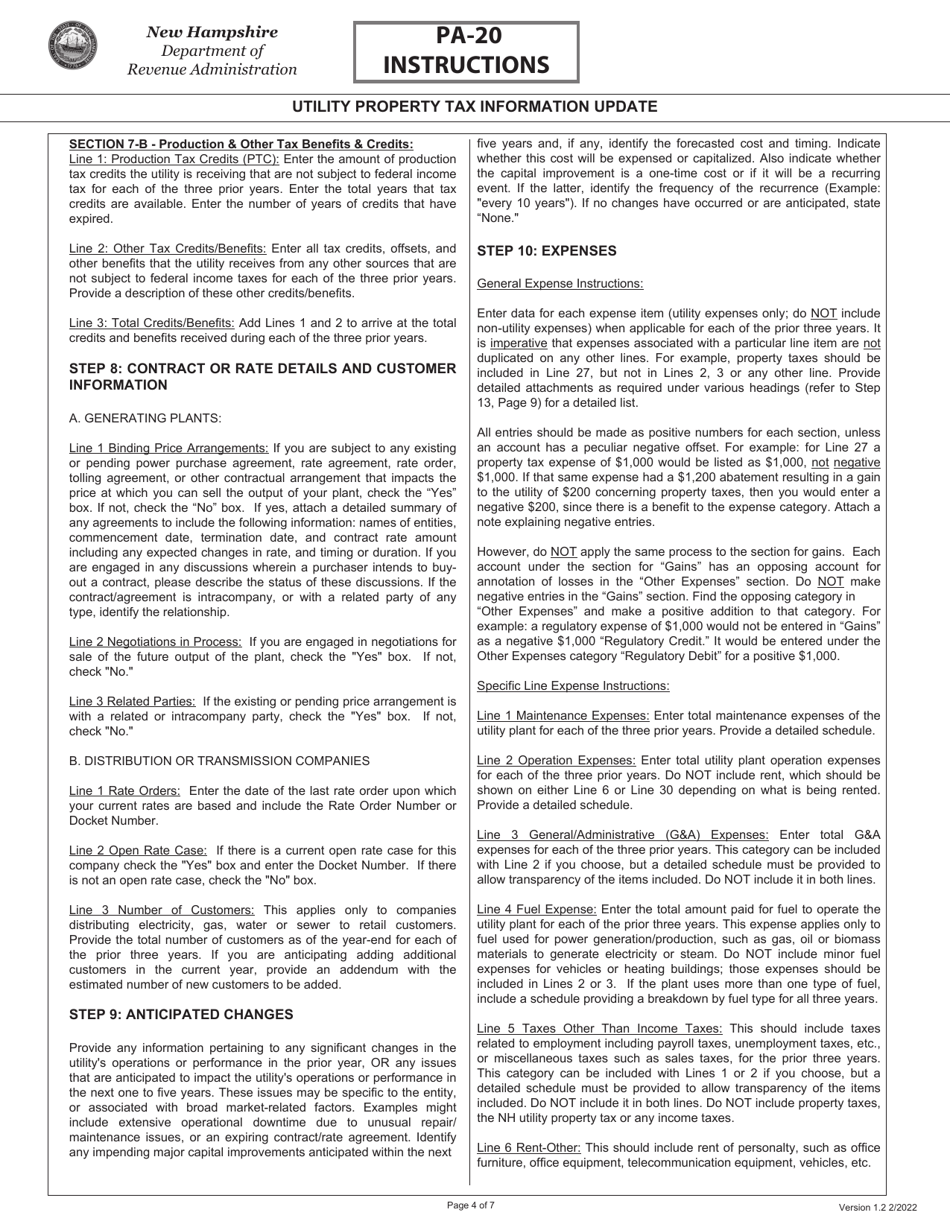 Instructions for Form PA-20 Utility Property Tax Information Update - New Hampshire, Page 4