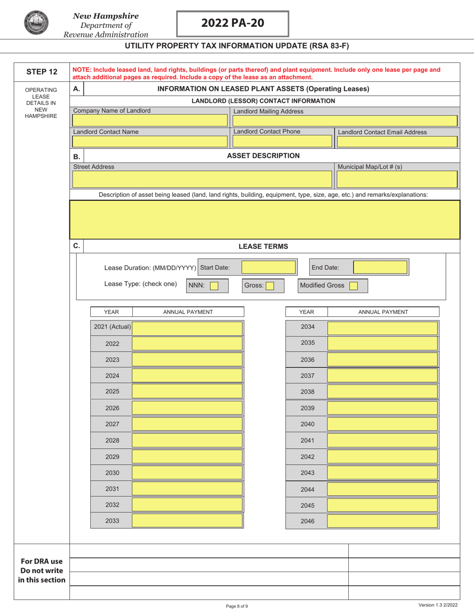 Form PA-20 Utility Property Tax Information Update (Rsa 83-f) - New Hampshire, Page 8