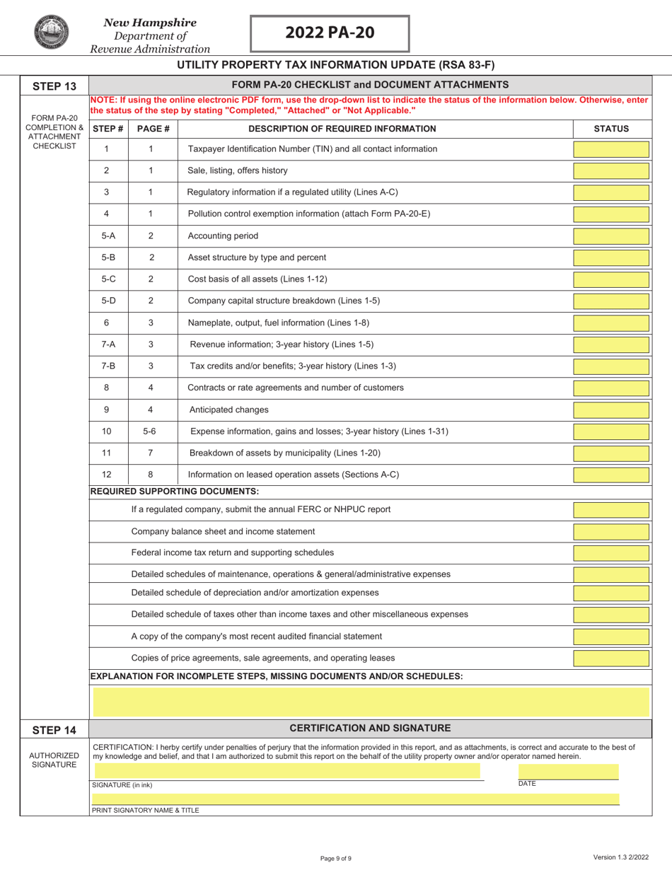 Form PA-20 Utility Property Tax Information Update (Rsa 83-f) - New Hampshire, Page 9