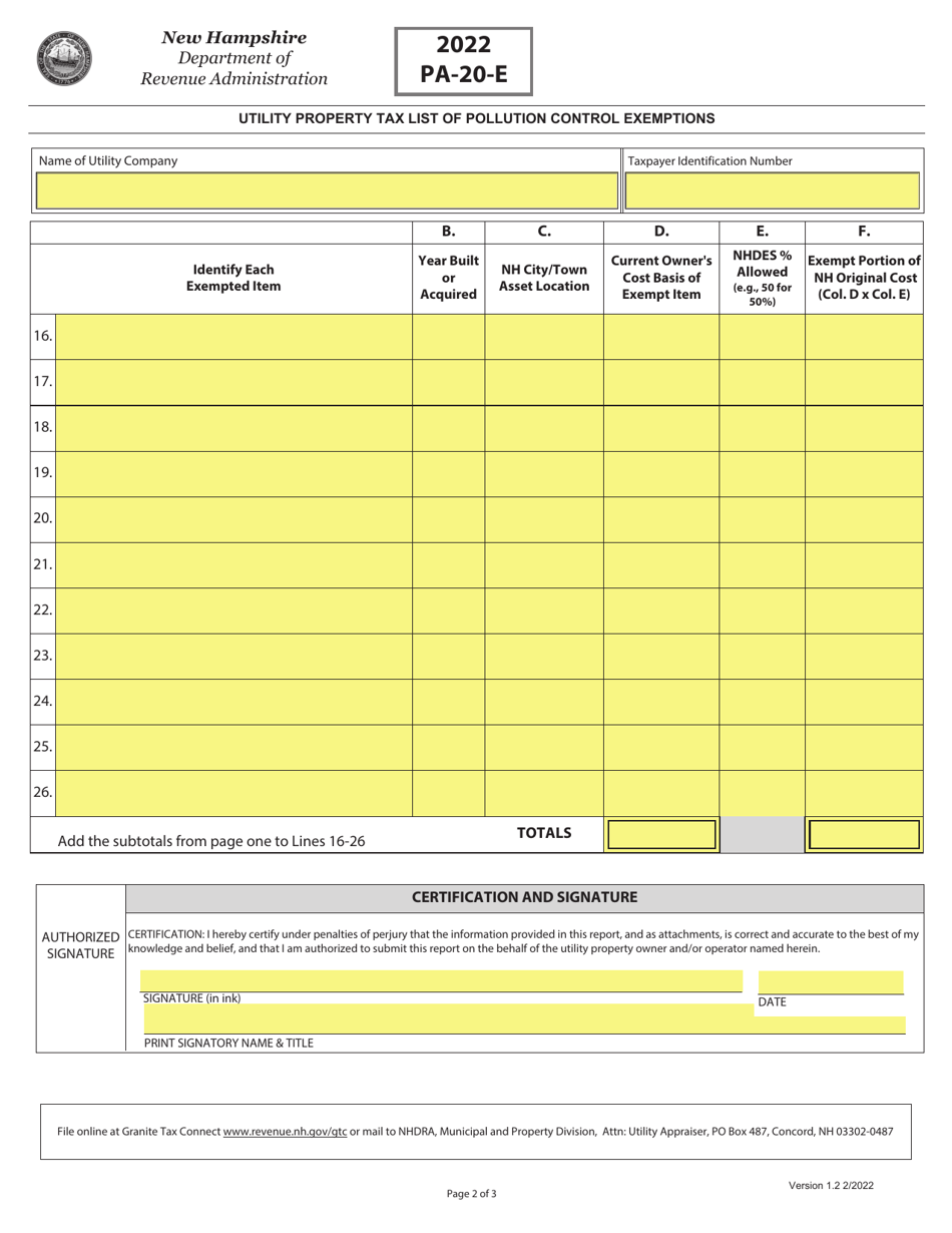 Form PA-20-E Utility Property Tax List of Pollution Control Exemptions - New Hampshire, Page 2