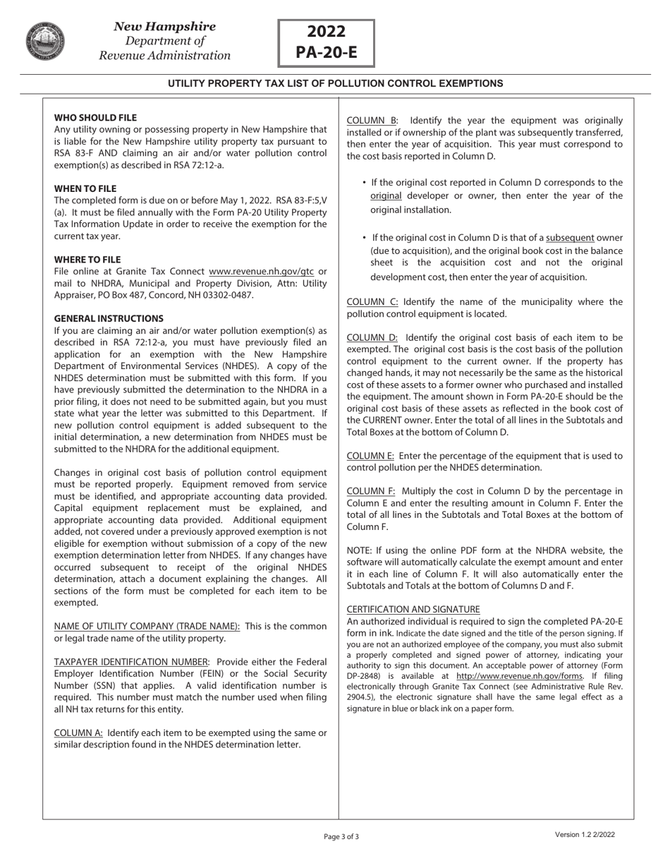 Form PA-20-E Utility Property Tax List of Pollution Control Exemptions - New Hampshire, Page 3