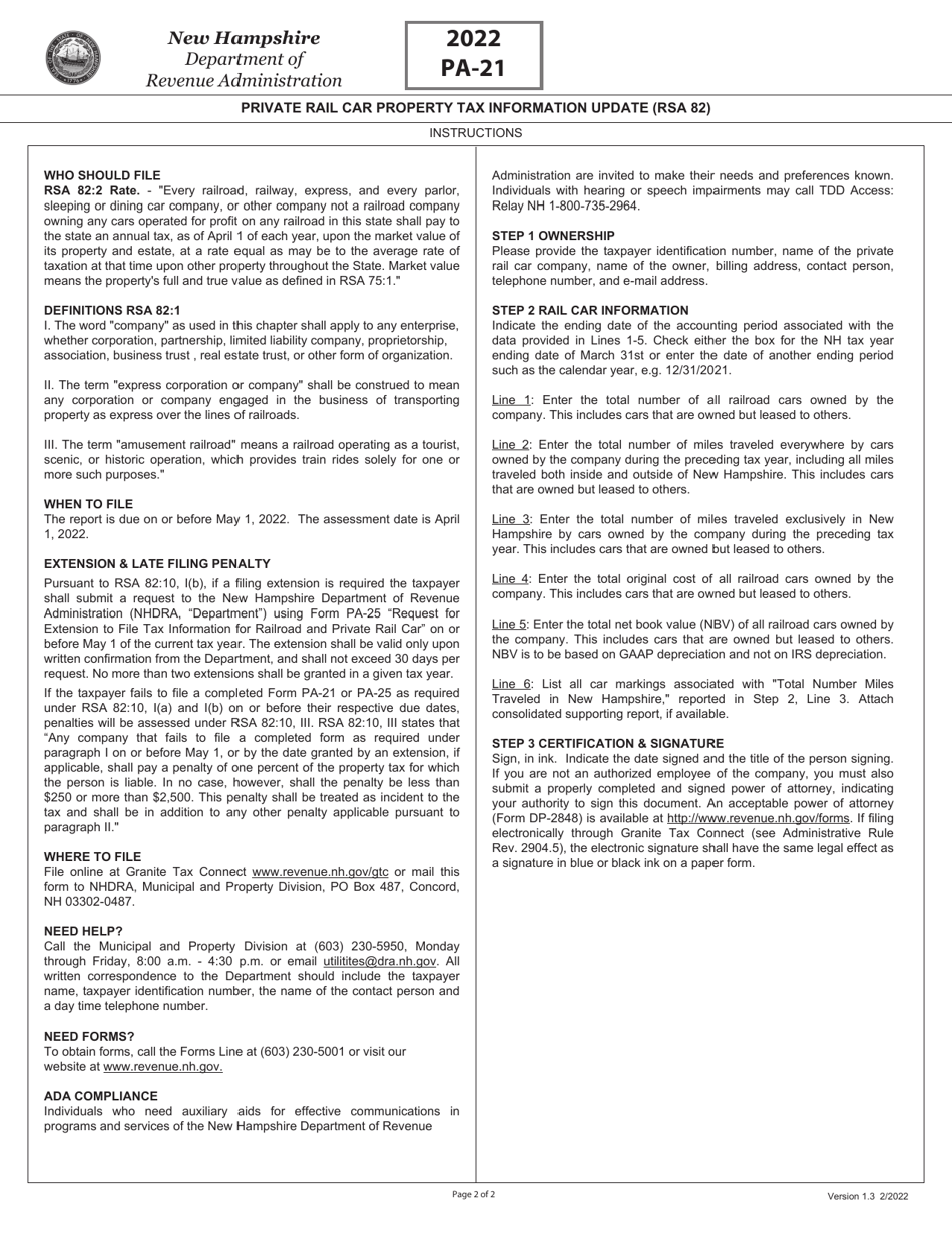 Form PA-21 Private Rail Car Property Tax Information Update (Rsa 82) - New Hampshire, Page 2