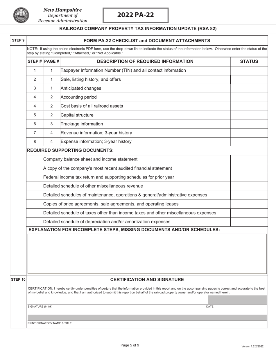 Form PA-22 Railroad Company Property Tax Information Update (Rsa 82) - New Hampshire, Page 5