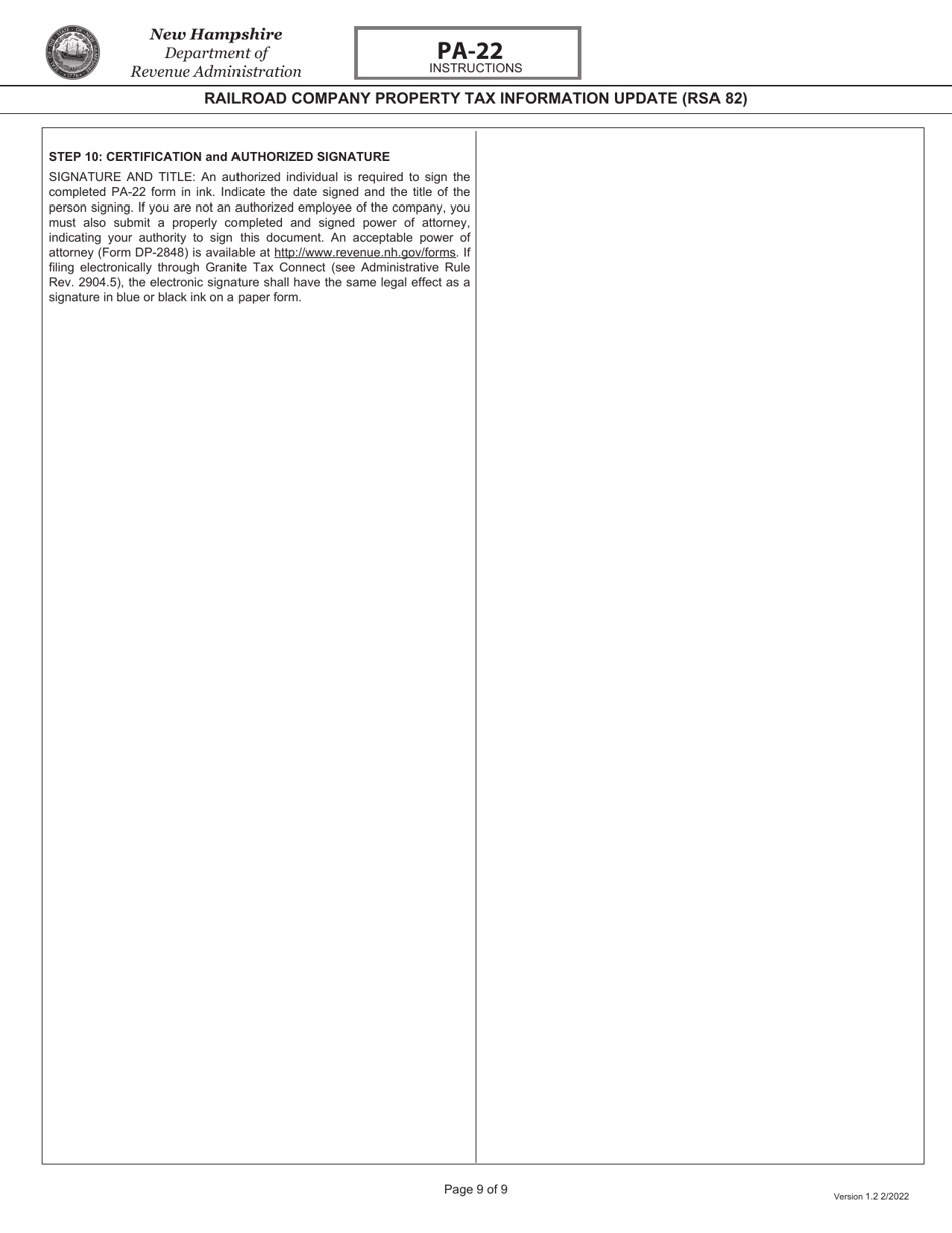 Form PA-22 Railroad Company Property Tax Information Update (Rsa 82) - New Hampshire, Page 9