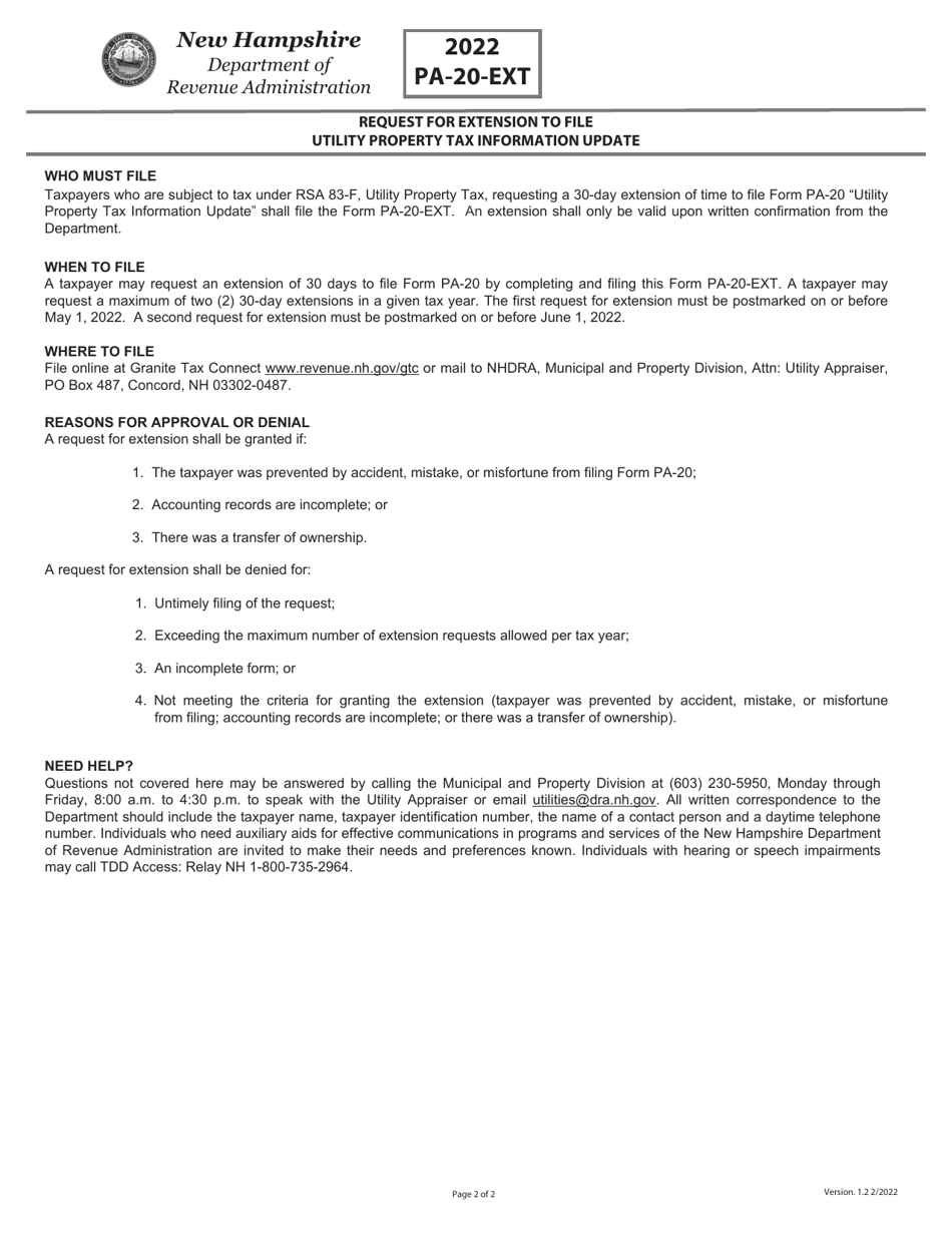 Form PA-20-EXT Request for Extension to File Utility Property Tax Information Update - New Hampshire, Page 2