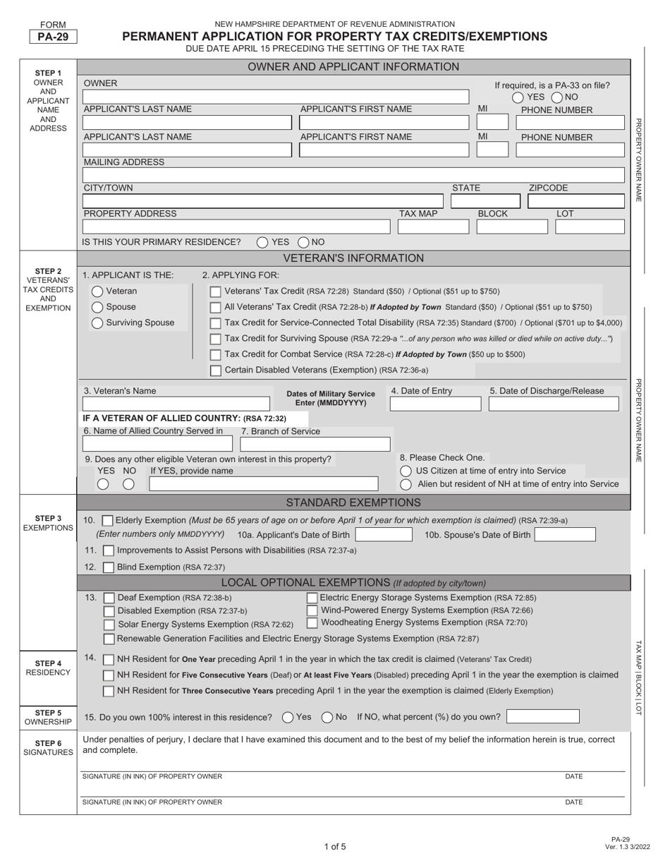 Form PA-29 Permanent Application for Property Tax Credits / Exemptions - New Hampshire, Page 1