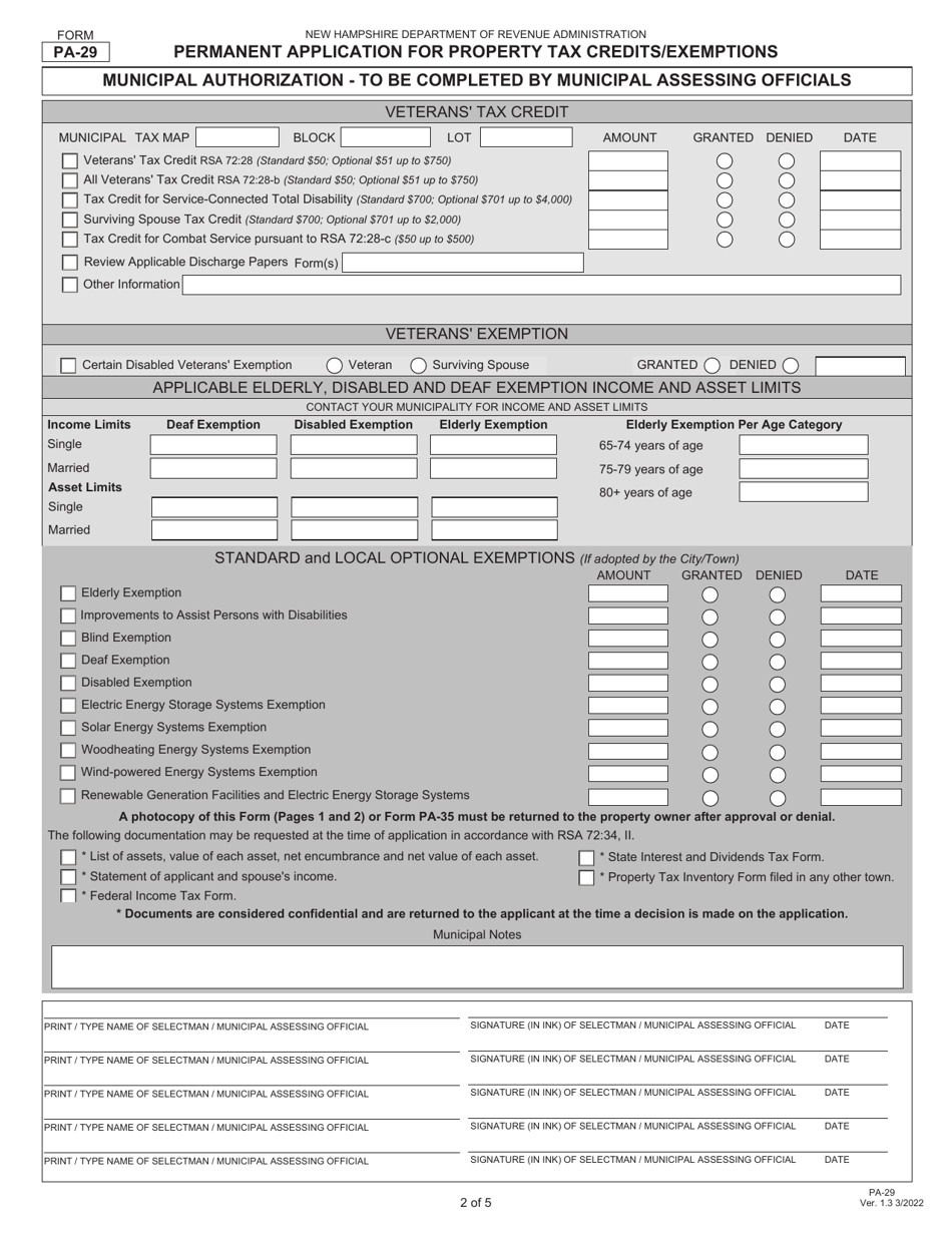 Form PA-29 Permanent Application for Property Tax Credits / Exemptions - New Hampshire, Page 2