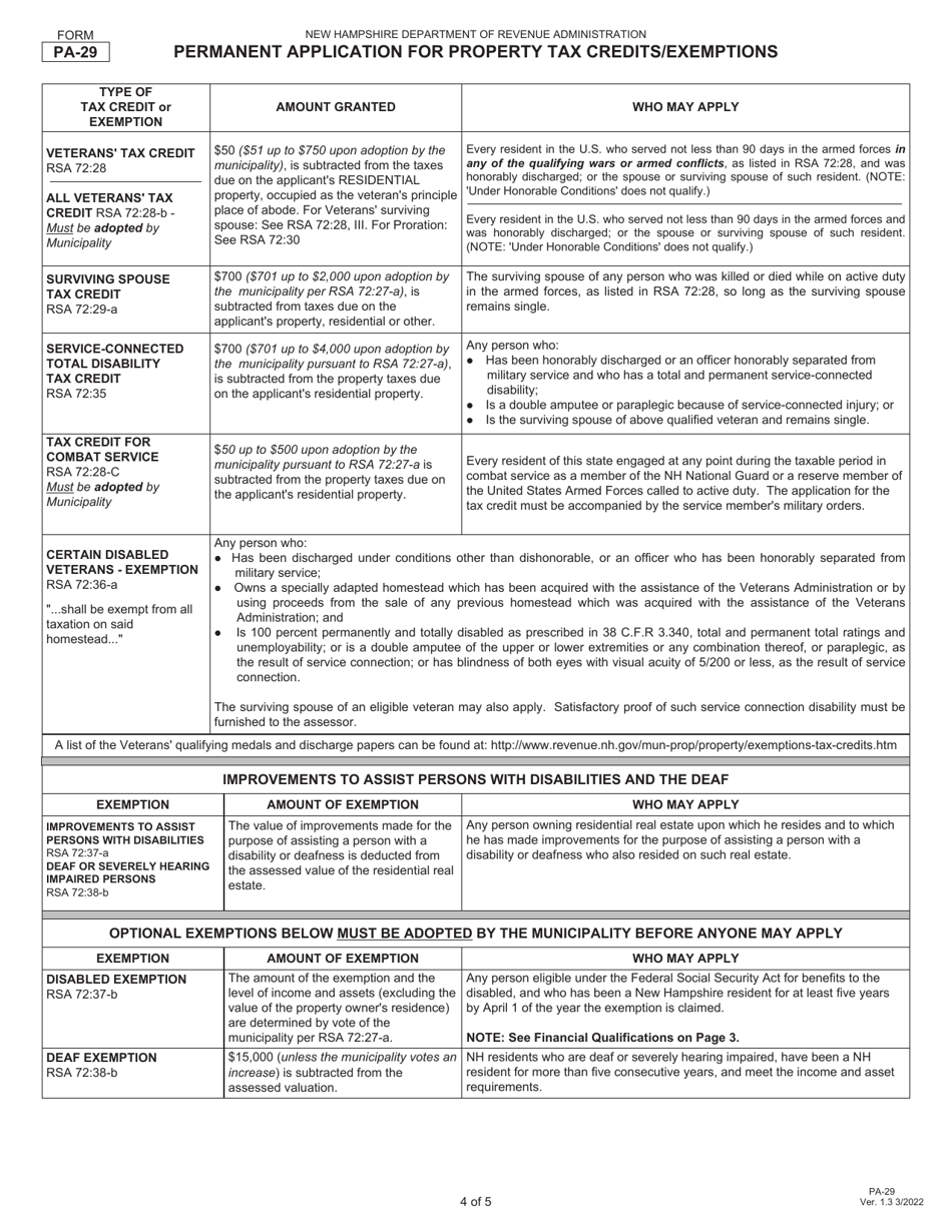 Form PA-29 Permanent Application for Property Tax Credits / Exemptions - New Hampshire, Page 4