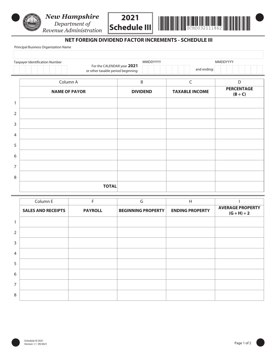 Schedule III Net Foreign Dividend Factor Increments - New Hampshire, Page 1