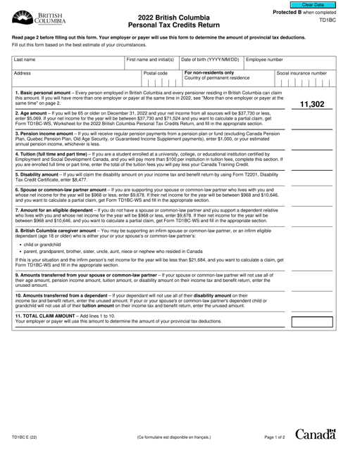 Form TD1BC 2022 Printable Pdf