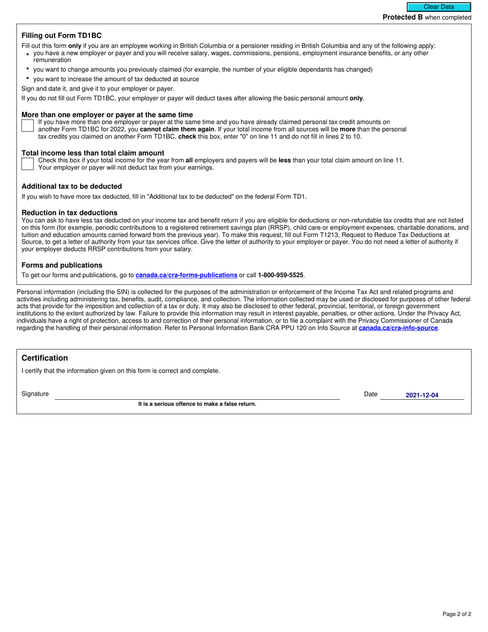 Form TD1BC British Columbia Personal Tax Credits Return - Canada, Page 2
