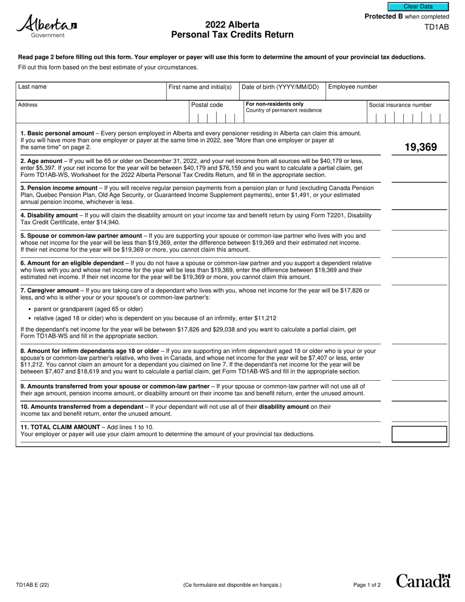 Form TD1AB Alberta Personal Tax Credits Return - Canada, Page 1