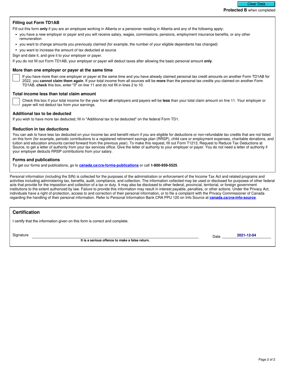 Form TD1AB Download Fillable PDF or Fill Online Alberta Personal Tax