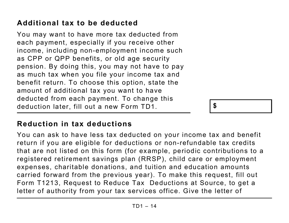 Form TD1 Download Printable PDF or Fill Online Personal Tax Credits