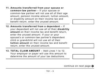 Form TD1 Personal Tax Credits Return - Large Print - Canada, Page 9