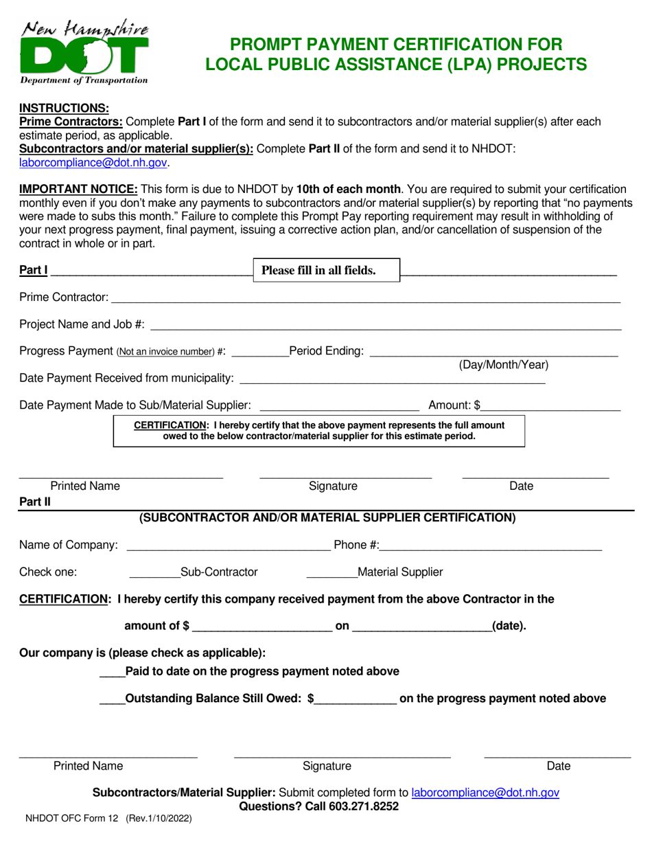 OFC Form 12 Prompt Payment Certification for Local Public Assistance (Lpa) Projects - New Hampshire, Page 1