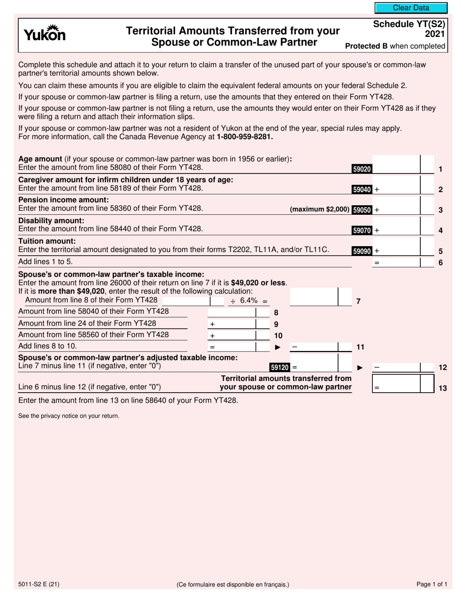 Form 5011-S2 Schedule YT(S2) Territorial Amounts Transferred From Your Spouse or Common-Law Partner - Canada, Page 1