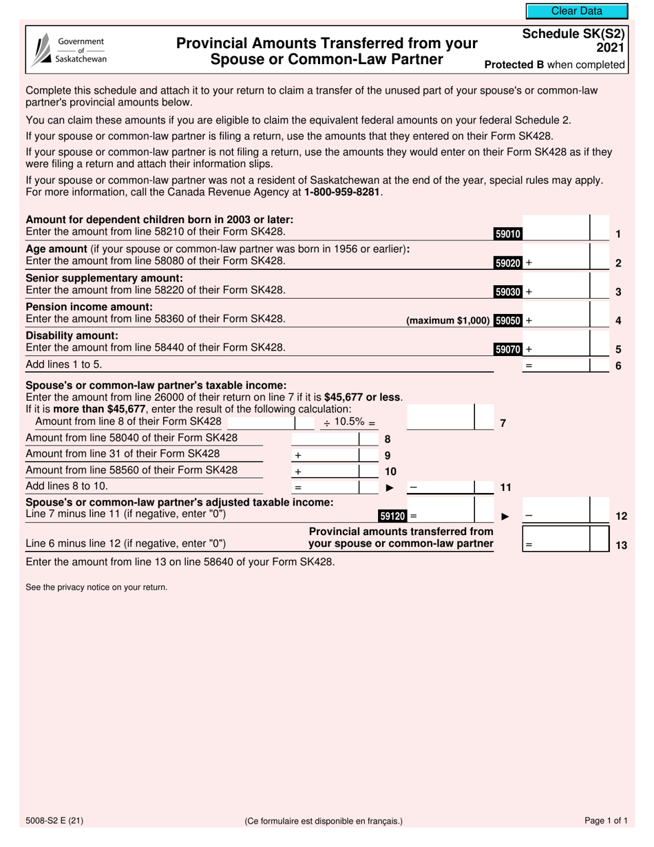 Form 5008-S2 Schedule SK(S2) Provincial Amounts Transferred From Your Spouse or Common-Law Partner - Canada, Page 1