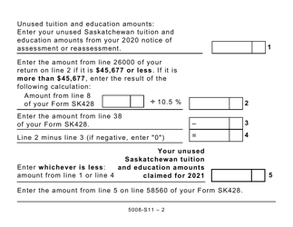 Form 5008-S11 Schedule SK(S11) Saskatchewan Tuition and Education Amounts (Large Print) - Canada, Page 2